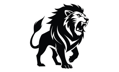 Roaring lion vector icon silhouette, roaring lion vector art, jumping silhouette roaring lion vector icon isolated on white background