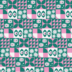 A bright pattern of squares with eyes, geometric shapes, flowers, green and pink.