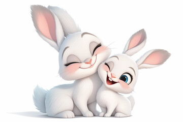 Cute happy smiling mom and baby white rabbits isolated on white background, 3d illustration for children