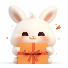 Cute white bunny holding orange gift box on white background, 3d illustration 