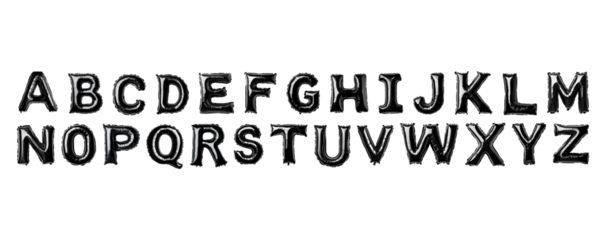 Black balloon alphabet letters gleaming against transparent backdrop, presenting sleek typography design with metallic reflective surface, PNG