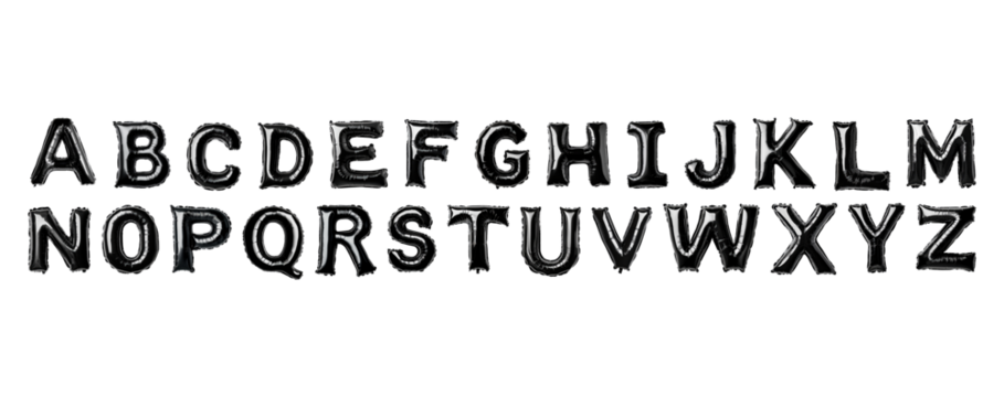 Black balloon alphabet letters gleaming against transparent backdrop, presenting sleek typography design with metallic reflective surface, PNG