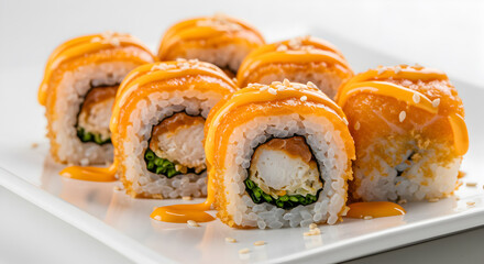 Delicious and visually appealing dynamite sushi rolls arranged on a white plate