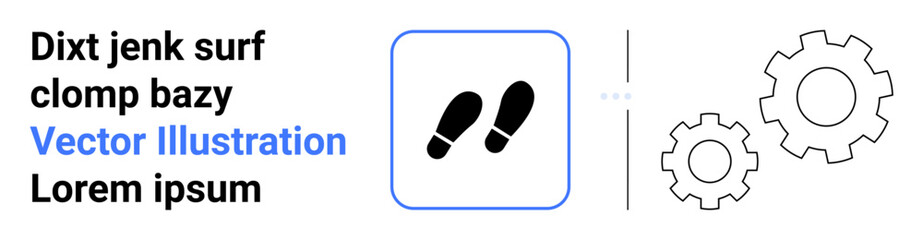 Footsteps icon inside a box alongside mechanical gear symbols representing movement, process, or workflow. Ideal for innovation, strategy, development, automation, project planning, progress simple