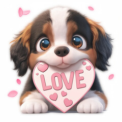 Adorable brown puppy with pink heart with word LOVE isolated on white background, 3d illustration 