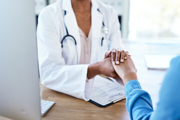 Holding hands, infertility or doctor with patient for support, medical diagnosis or bad news in...