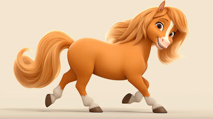 Happy running brown horse isolated on light beige background, illustration for kids