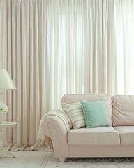 Minimalist living room interior with soft beige curtains and pastel pillows