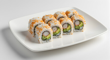 Delicious Kani Crab Sushi Rolls with Avocado on a White Plate Presentation