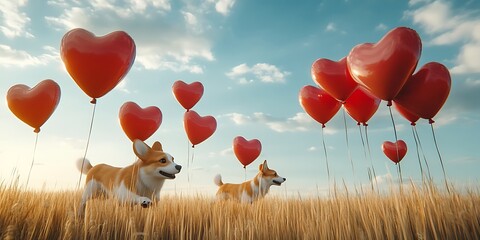 Happy Corgi with Heart Balloons for Valentine's Day Greetings, Pet Adoption Campaigns, or Cheerful Animal Illustrations