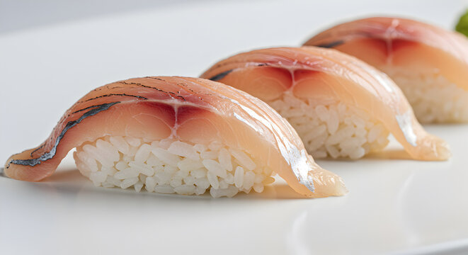 Exquisite Madai Sea Bream Sushi on Pristine White Background, Culinary Art