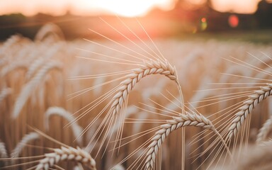 Golden wheat field at sunset. Ripe crops sway gently, bathed in the warm glow. Nature's bounty under a vibrant sky, ready for harvest.