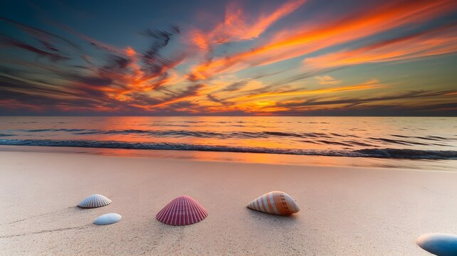 Seashells on a beach at sunset, colorful sky, peaceful seascape. Warm hues paint the sky and reflect on the water, creating a serene scene.