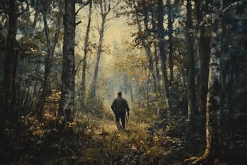Naklejka premium A painting depicting a man quietly moving through a forest while hunting Depict a scene of a hunter silently tracking their prey through the forest .