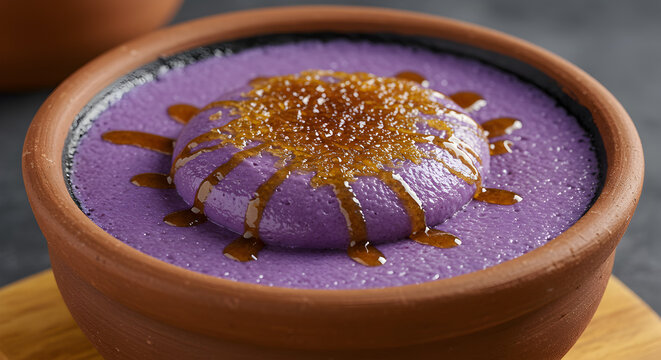 Delicious ube halaya in a clay pot with latik drizzled on top creates a delightful dessert