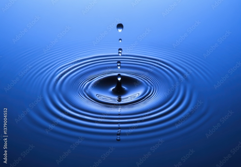 Poster a water drop falling into blue water, creating ripples and waves.