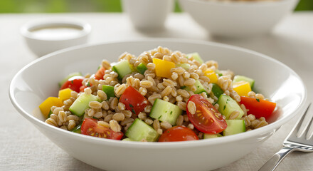 Wholesome farro salad with garden fresh vegetables in bright white bowl