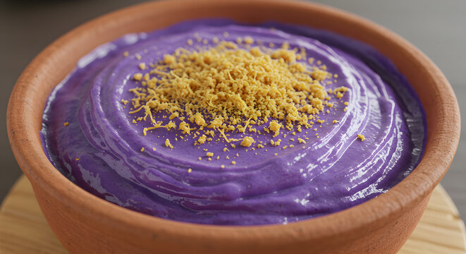 Exotic purple yam halaya with crunchy latik topping in traditional terracotta pot
