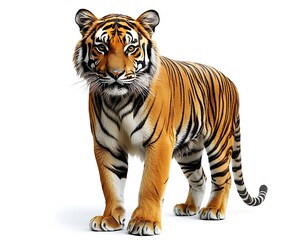 Obraz premium A majestic tiger standing on a plain white background is illustrated