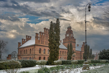 Chernivtsi National University Seminar building in winter, Ukraine.