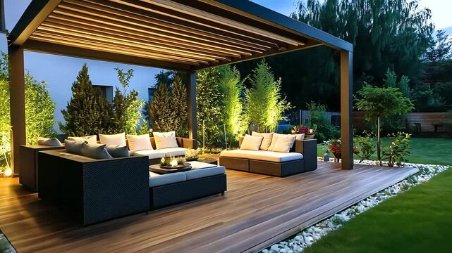 Modern backyard with a home battery storage system, wooden pergola overhead, comfortable outdoor lounge seating around, soft ambient lighting as the sun sets