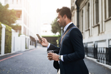 Coffee, smartphone and business man in street for reading news, email update and travel on commute....