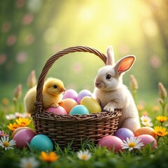 Easter card with a picture of a bunny and a chick and colorful eggs in a wicker basket