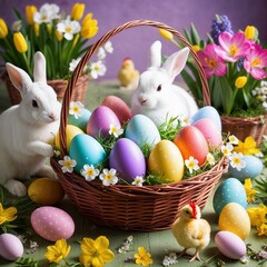 Easter card with bunnies and colorful eggs in a wicker basket, against a background of spring flowers