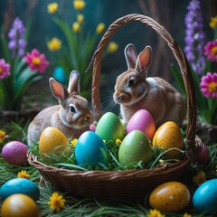 Easter card with bunnies and colorful eggs in a wicker basket, against a background of spring flowers