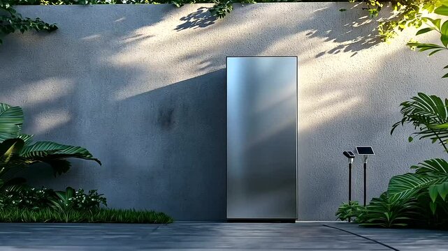 A high-capacity home battery system resting against a concrete wall in a minimalist backyard, sunlight reflecting off its metallic surface, solar-powered lights nearby
