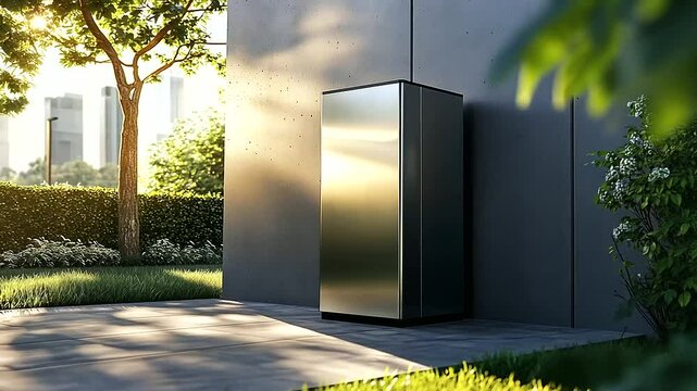 A high-capacity home battery system resting against a concrete wall in a minimalist backyard, sunlight reflecting off its metallic surface, solar-powered lights nearby