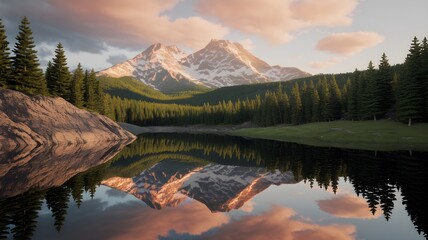 Obraz premium Mountain lake scene reflecting snow-capped peaks at sunrise. A serene landscape of natural beauty with forest and calm water.