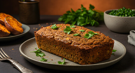 A hearty and wholesome vegan lentil loaf with rustic charm and delicious sides