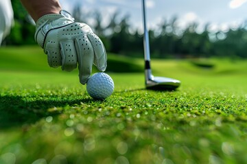 Golfer places a ball on the tee, getting ready to take a swing on a sunny day at the golf course