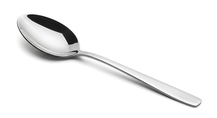 A gleaming stainless steel spoon rests on a stark white surface, reflecting light with its smooth, polished form. Minimalist utensil photography.