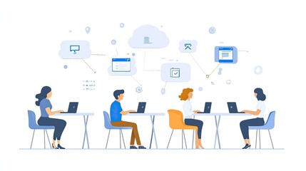 Team collaboration in hybrid workplaces using communication tools, shared digital workspaces, and project management software to increase productivity in flexible work environments.