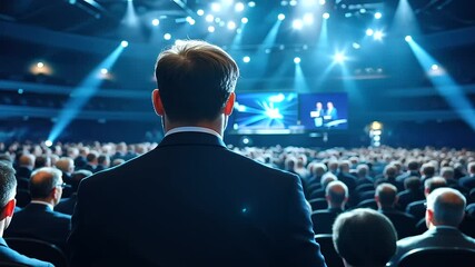 Busy business conference scene from the back, audience members focusing on a speaker in a spotlight, sleek modern stage setup with dynamic digital displays showcasing marketing tre