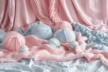 Soft yarn balls rest on a pastel blanket, inviting cozy crafting and creativity in a serene setting