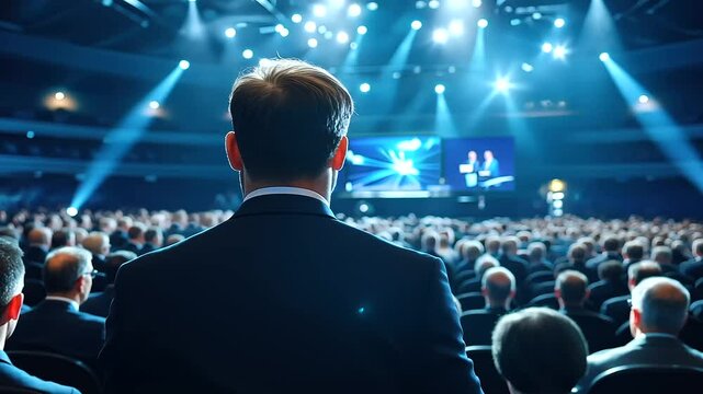 Busy business conference scene from the back, audience members focusing on a speaker in a spotlight, sleek modern stage setup with dynamic digital displays showcasing marketing tre