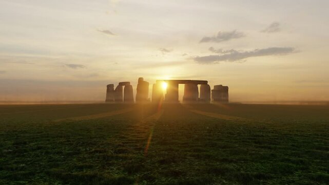 Panorama of the famous prehistoric monument of Stonehenge at sunset. High resolution digital 3D render.