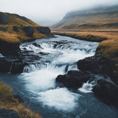 Obraz premium Serene landscape with flowing river and rolling hills under overcast sky