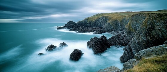 Rugged cliffs stand against crashing waves, the dramatic coastline bathed in a moody sky's hue.