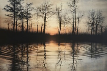 Obraz premium Trees silhouette against a sunset reflected in water creating a serene landscape.