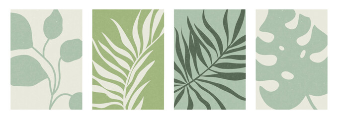 Minimalist botanical illustration featuring abstract plant silhouettes in natural green tones. Modern, nature-inspired wall art featuring elegant leaves and organic shapes, perfect for home decor 