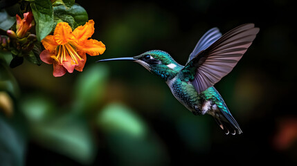 A hummingbird hovering over a tropical bloom.