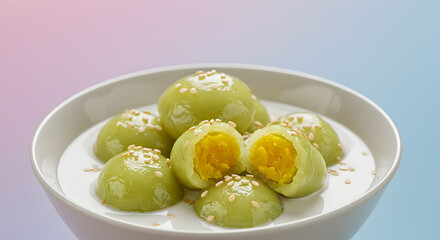 Delicate Vietnamese sweet mung bean dumplings bathed in creamy coconut milk