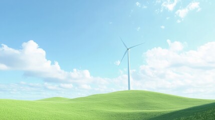 A wind farm on rolling green hills under a bright blue sky, representing renewable energy and sustainability. generative ai