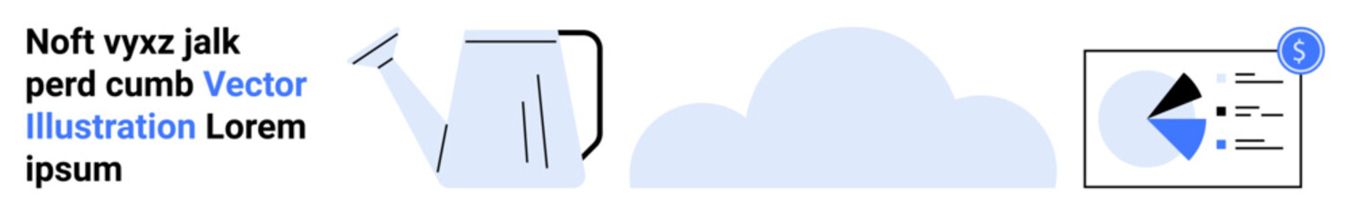 Watering can beside a cloud and a financial chart displaying pie and line graphs with a dollar icon. Ideal for growth, finance, analytics, business strategy, sustainability, innovation, simple