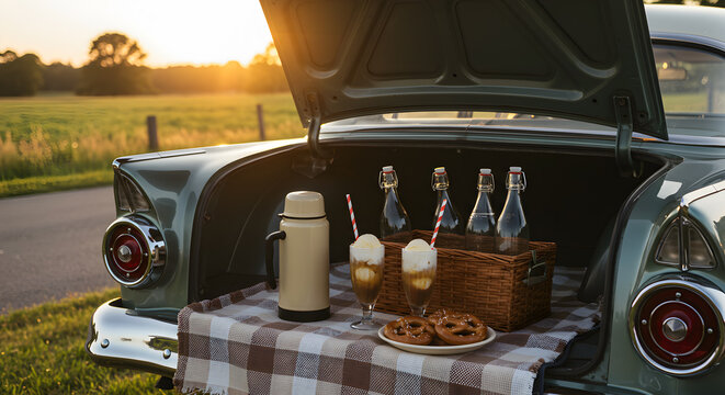 Charming vintage car trunk picnic with root beer floats and sunset glow
