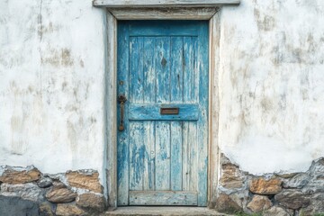 Weathered blue wooden door of an old cottage with whitewashed wall